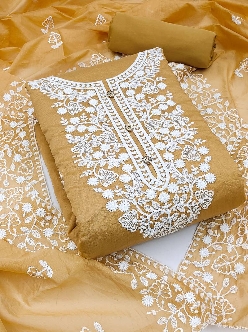  women's beige chanderi cotton embroidered unstitched salwar kameez with dupatta