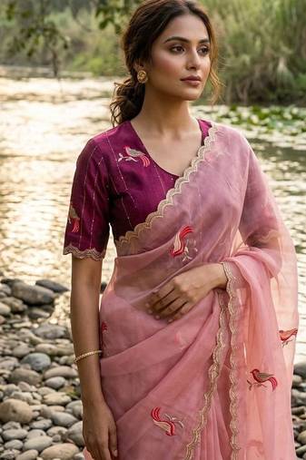Light Pink Color  thread embroidery Work Chiffon Saree