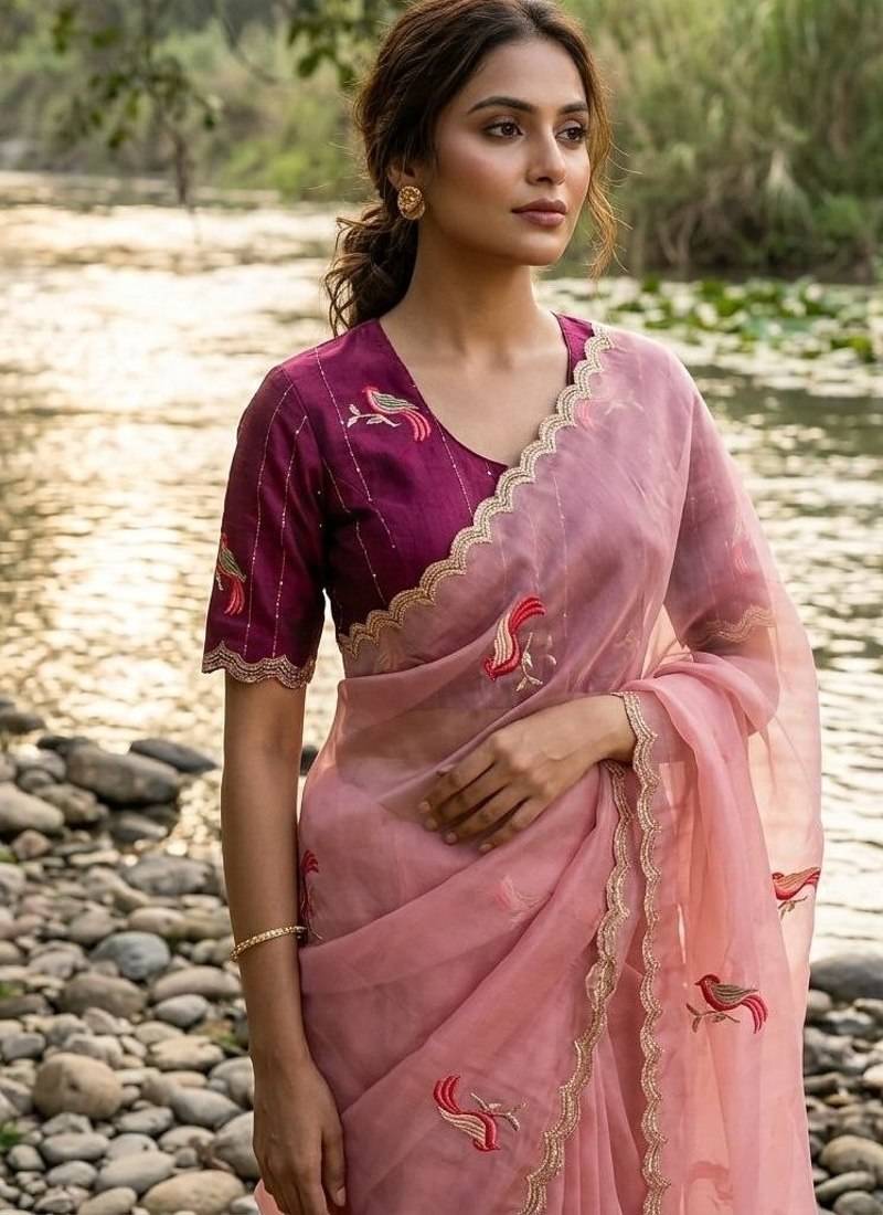 Light Pink Color  thread embroidery Work Chiffon Saree
