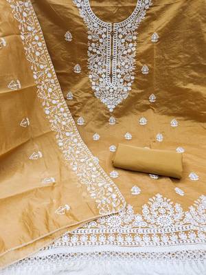  women's beige chanderi cotton embroidered unstitched salwar kameez with dupatta 2