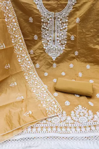  women's beige chanderi cotton embroidered unstitched salwar kameez with dupatta