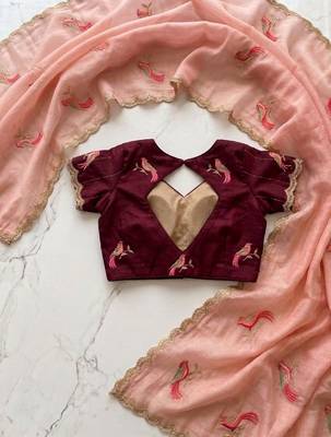 light pink thread embroidery work chiffon saree 2
