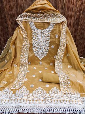  women's beige chanderi cotton embroidered unstitched salwar kameez with dupatta 3