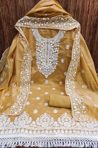  women's beige chanderi cotton embroidered unstitched salwar kameez with dupatta