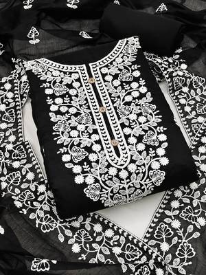  women's black chanderi cotton embroidered unstitched salwar kameez with dupatta 1