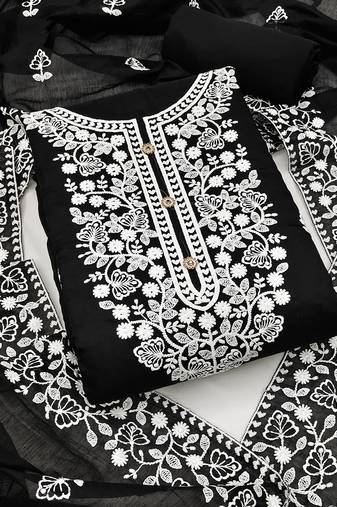  women's black chanderi cotton embroidered unstitched salwar kameez with dupatta