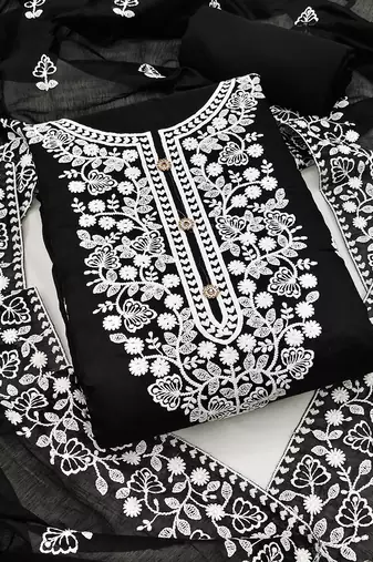  women's black chanderi cotton embroidered unstitched salwar kameez with dupatta