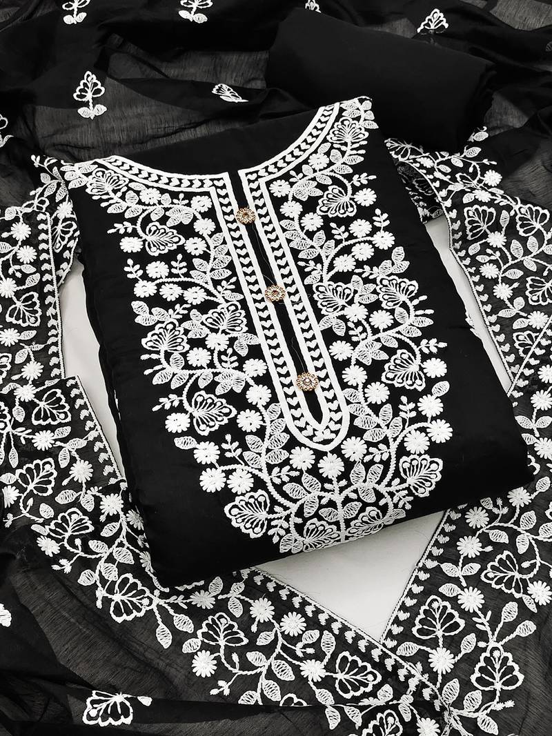  women's black chanderi cotton embroidered unstitched salwar kameez with dupatta