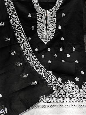  women's black chanderi cotton embroidered unstitched salwar kameez with dupatta 2