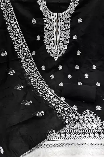  women's black chanderi cotton embroidered unstitched salwar kameez with dupatta