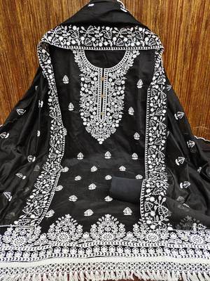  women's black chanderi cotton embroidered unstitched salwar kameez with dupatta 3