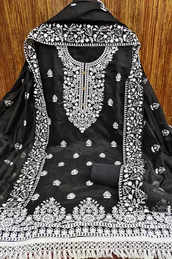  women's black chanderi cotton embroidered unstitched salwar kameez with dupatta
