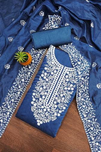  women's blue chanderi cotton embroidered unstitched salwar kameez with dupatta