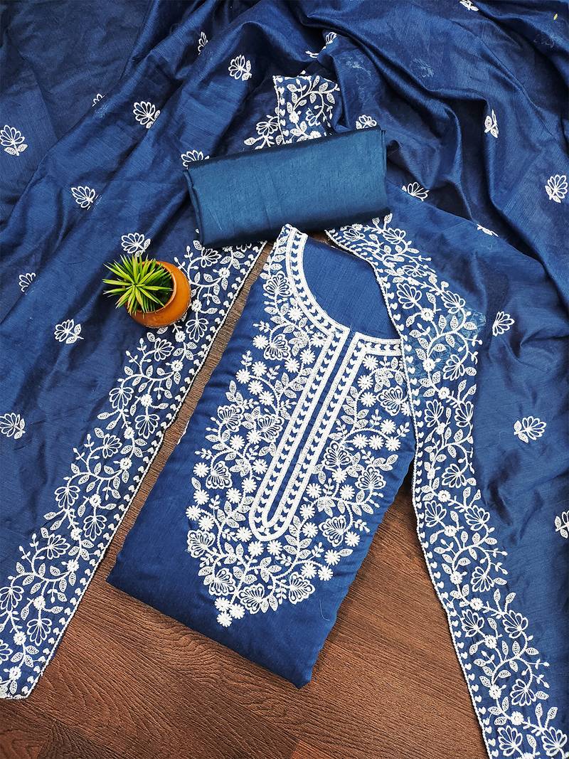  women's blue chanderi cotton embroidered unstitched salwar kameez with dupatta