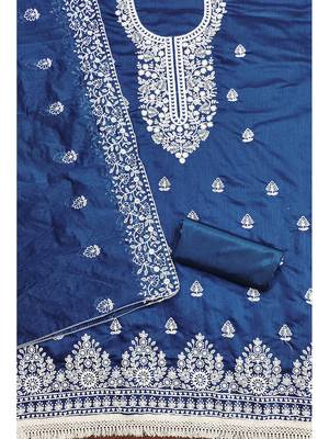  women's blue chanderi cotton embroidered unstitched salwar kameez with dupatta 2