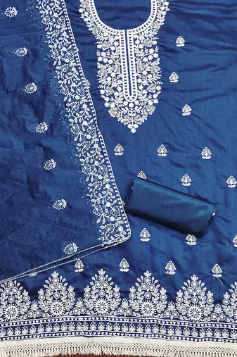  women's blue chanderi cotton embroidered unstitched salwar kameez with dupatta
