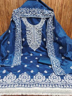  women's blue chanderi cotton embroidered unstitched salwar kameez with dupatta 3