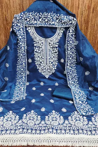  women's blue chanderi cotton embroidered unstitched salwar kameez with dupatta
