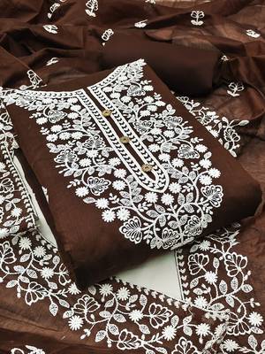 women's brown chanderi cotton embroidered unstitched salwar kameez with dupatta 1