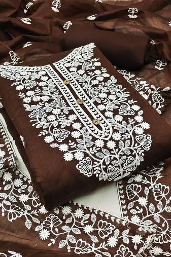 women's brown chanderi cotton embroidered unstitched salwar kameez with dupatta
