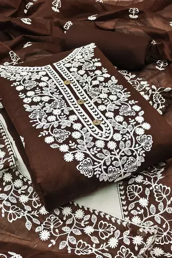 women's brown chanderi cotton embroidered unstitched salwar kameez with dupatta