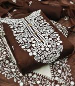 women's brown chanderi cotton embroidered unstitched salwar kameez with dupatta