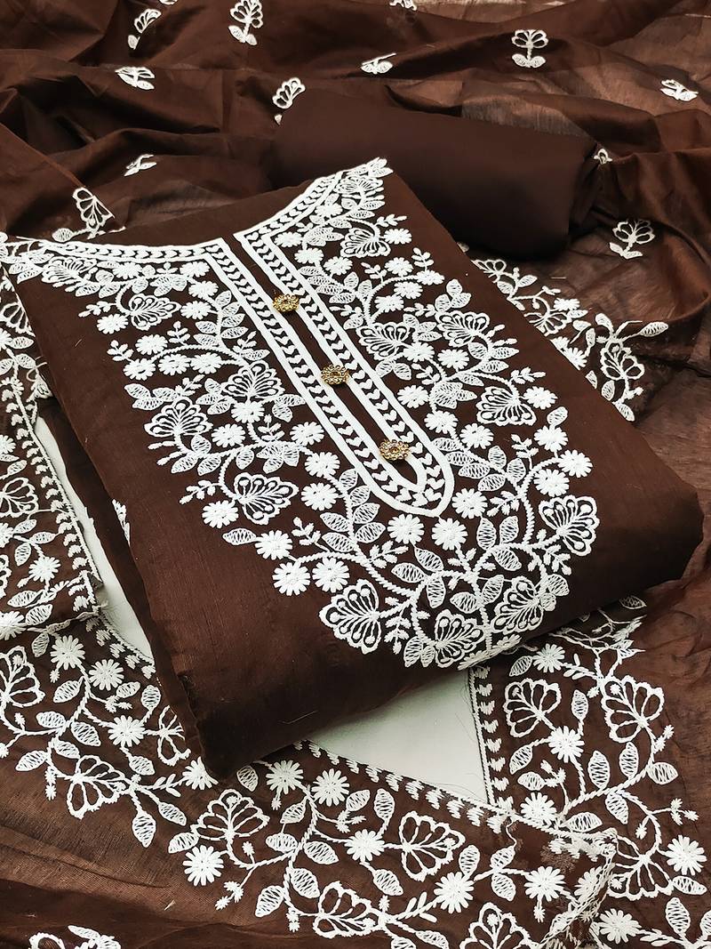 women's brown chanderi cotton embroidered unstitched salwar kameez with dupatta