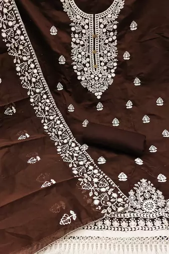 women's brown chanderi cotton embroidered unstitched salwar kameez with dupatta
