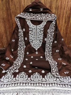 women's brown chanderi cotton embroidered unstitched salwar kameez with dupatta 3