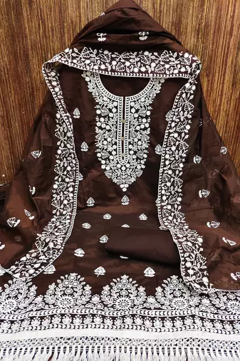 women's brown chanderi cotton embroidered unstitched salwar kameez with dupatta