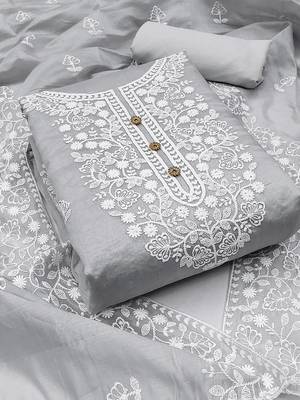  women's grey chanderi cotton embroidered unstitched salwar kameez with dupatta 1