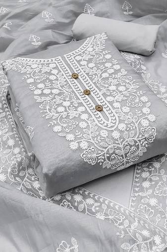  women's grey chanderi cotton embroidered unstitched salwar kameez with dupatta