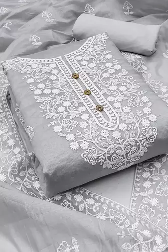  women's grey chanderi cotton embroidered unstitched salwar kameez with dupatta