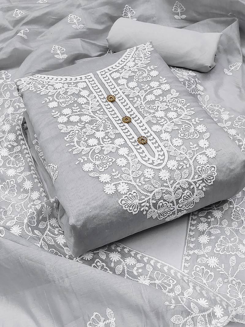  women's grey chanderi cotton embroidered unstitched salwar kameez with dupatta