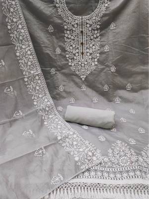  women's grey chanderi cotton embroidered unstitched salwar kameez with dupatta 2
