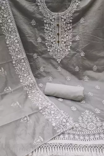  women's grey chanderi cotton embroidered unstitched salwar kameez with dupatta