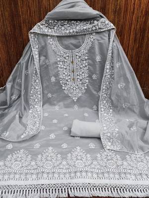  women's grey chanderi cotton embroidered unstitched salwar kameez with dupatta 3