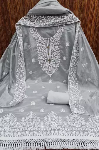  women's grey chanderi cotton embroidered unstitched salwar kameez with dupatta