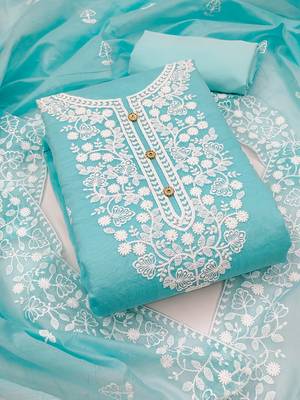  women's light blue chanderi cotton embroidered unstitched salwar kameez with dupatta 1