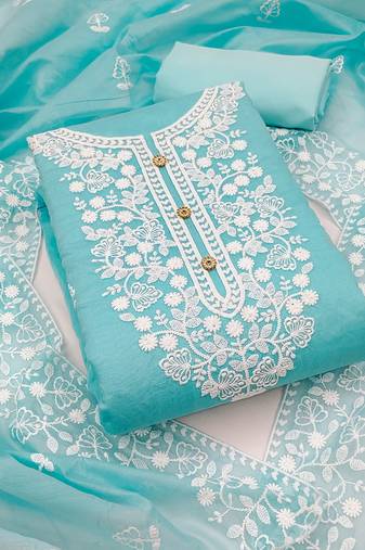  women's light blue chanderi cotton embroidered unstitched salwar kameez with dupatta