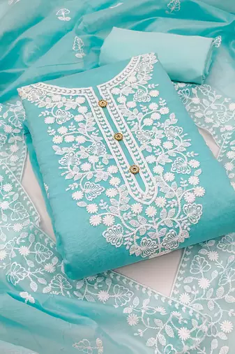  women's light blue chanderi cotton embroidered unstitched salwar kameez with dupatta