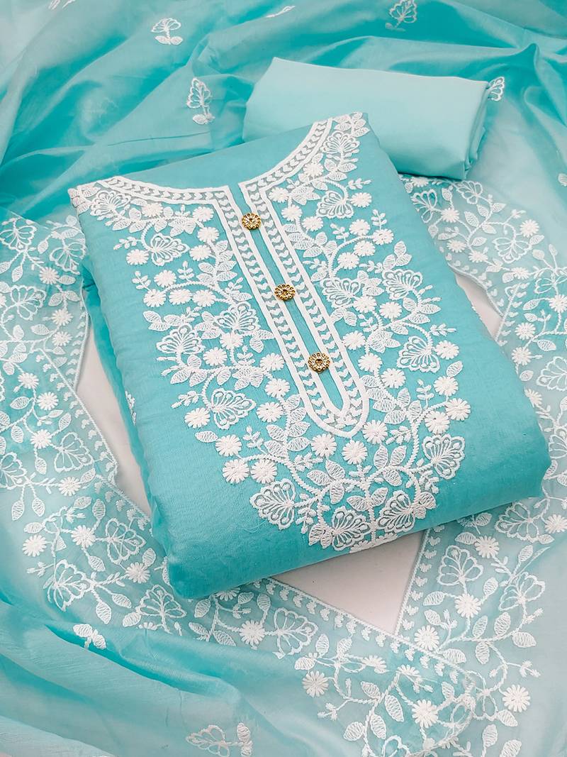  women's light blue chanderi cotton embroidered unstitched salwar kameez with dupatta