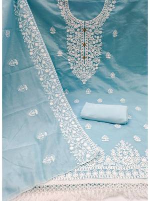  women's light blue chanderi cotton embroidered unstitched salwar kameez with dupatta 2