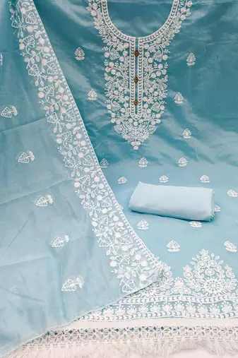  women's light blue chanderi cotton embroidered unstitched salwar kameez with dupatta