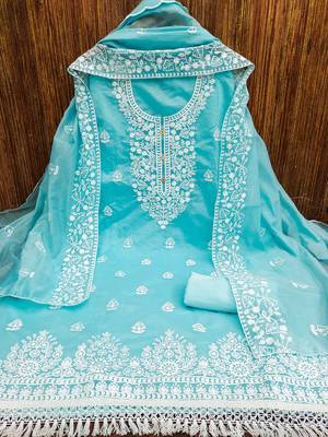  women's light blue chanderi cotton embroidered unstitched salwar kameez with dupatta 3