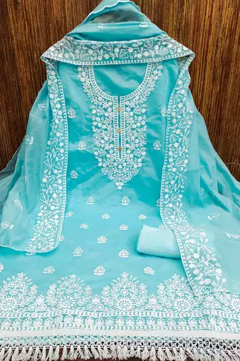  women's light blue chanderi cotton embroidered unstitched salwar kameez with dupatta