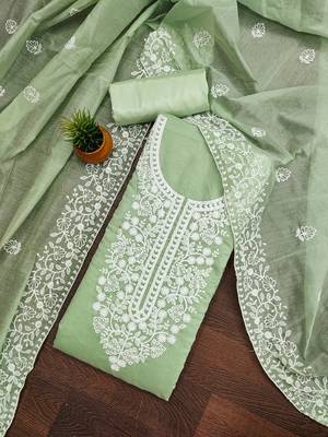  women's light green chanderi cotton embroidered unstitched salwar kameez with dupatta 1