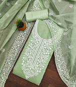  women's light green chanderi cotton embroidered unstitched salwar kameez with dupatta