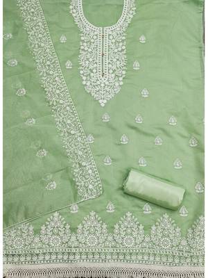  women's light green chanderi cotton embroidered unstitched salwar kameez with dupatta 2