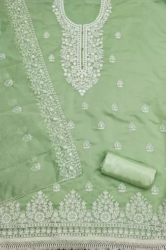  women's light green chanderi cotton embroidered unstitched salwar kameez with dupatta